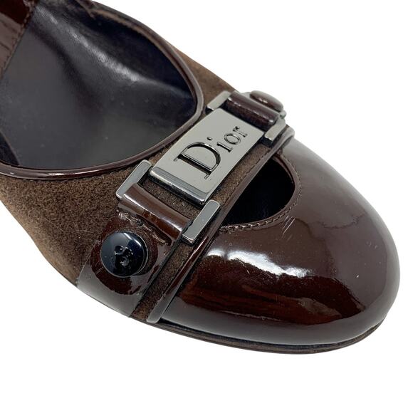 Vintage Dior Galliano Era Street Chic Brown Suede Patent Leather Logo Pumps 37.5 - Picture 12 of 16